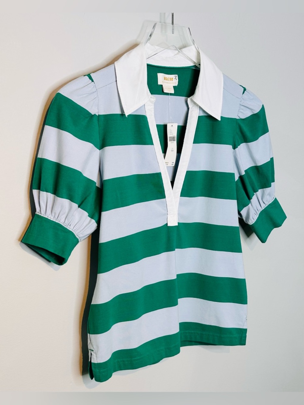 Anthro Maeve Puff Sleeve Green Blue Stripe Rugby Polo Shirt Top NWT - Picture 6 of 15